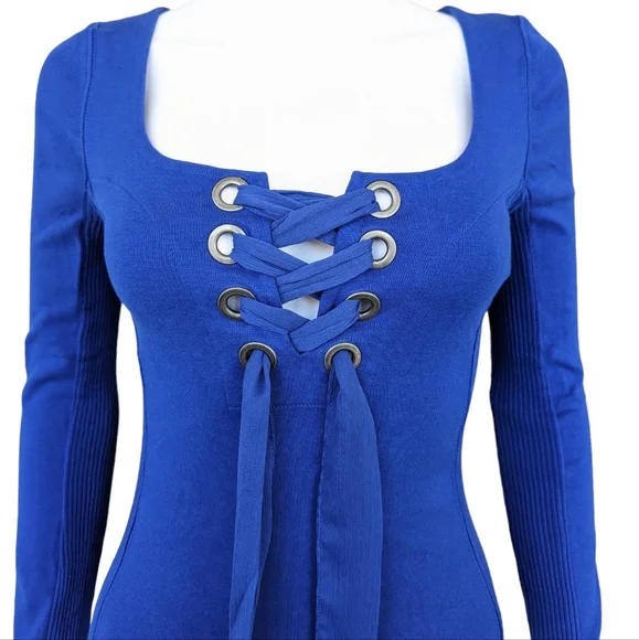 Free People Looking Back Blue Cobalt Long Sleeve Lace-Up Top - Picture 3 of 10